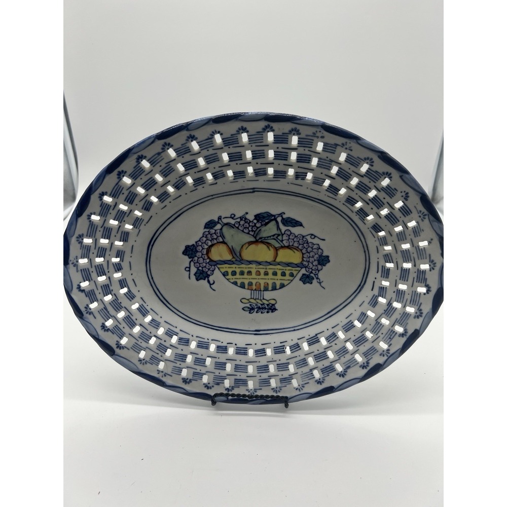 VINTAGE blue Ceramic LATTICE FRUIT Platter 14" Made in China